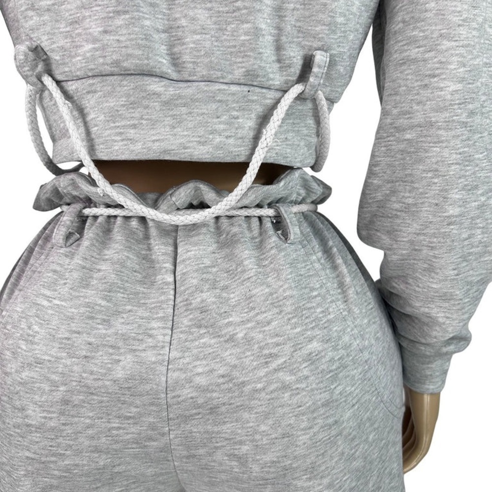 Black~Rope Detail Cropped Hoodie & Wide-Leg Sweatpant Set - Picture 5 of 8